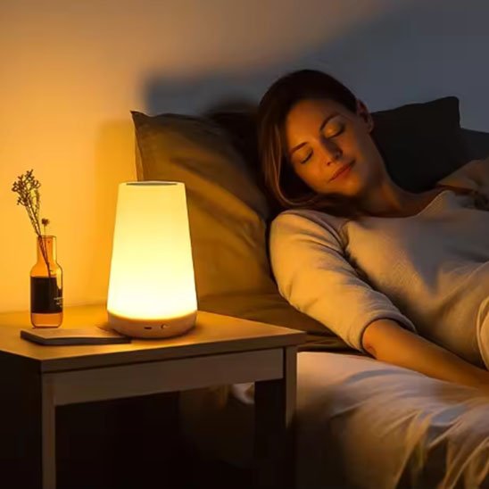dame endormie avec lampe de chevet tactile