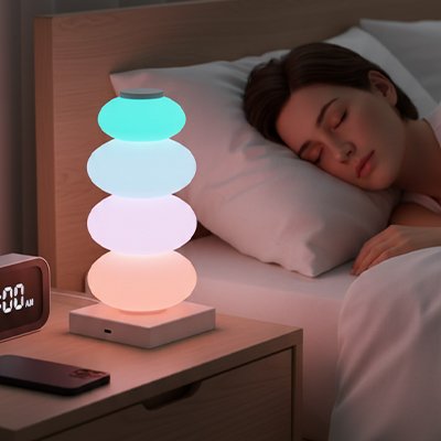 femme endormie avec lampe de chevet design sur table de nuit