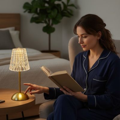 fille dans chambre ouvre lampe de table rechargeable pour lire