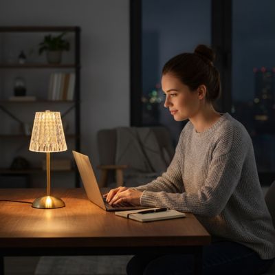fille-travail laptop avec lampe de table rechargeable