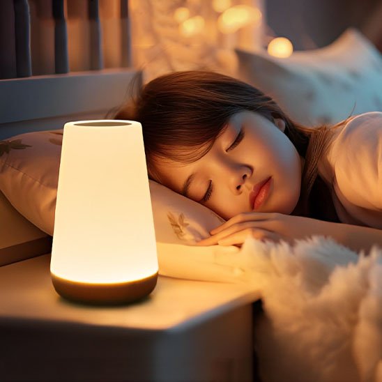 fillette endornie avec lampe de chevet tactile