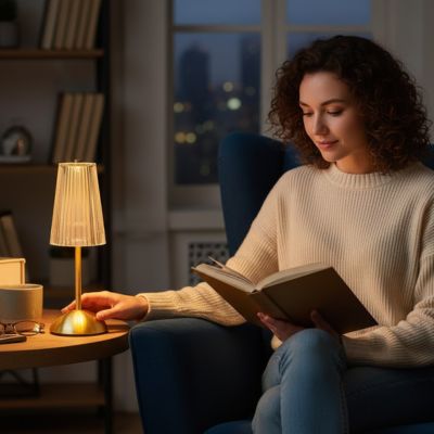 jeune fille lisant un livre avec une lampe de table rechargeable