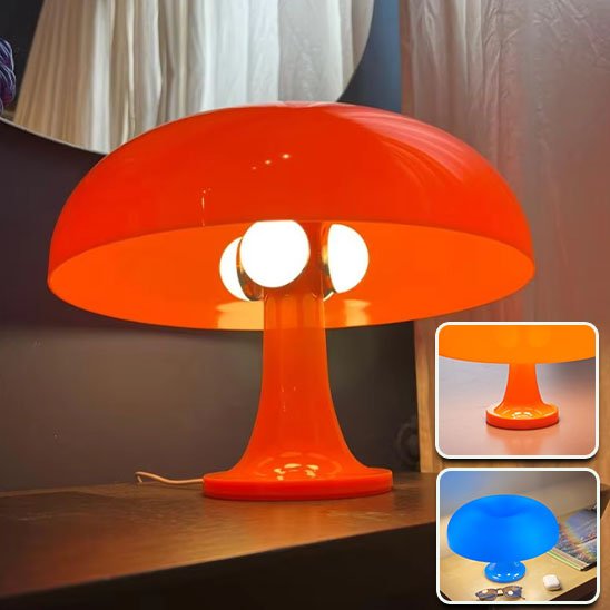 lampe champignon allumee sur petite table