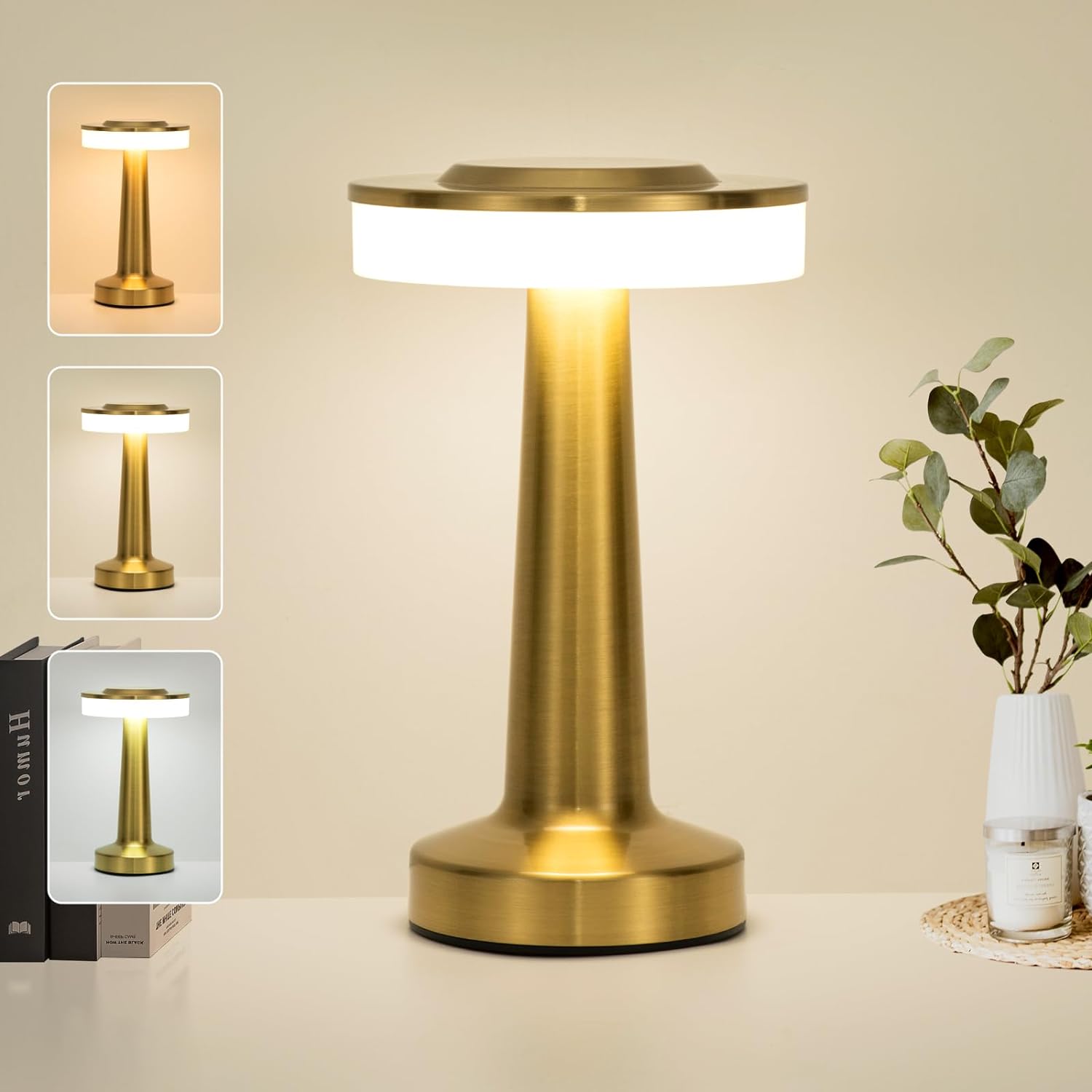 lampe de chevet doree allumee sur petite table