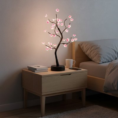 Lampe de chevet moderne illuminee dans chambre a coucher