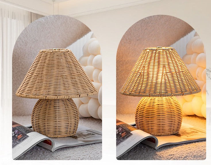 lampe de chevet rotin non allumee et allumee