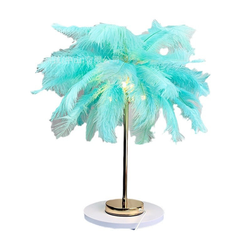 lampe de table design plumes d`autruche couleur bleu clair