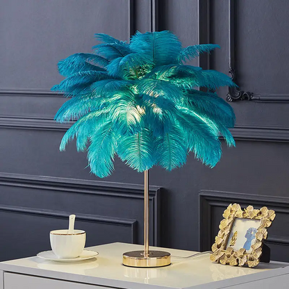 lampe de table design plumes d`autruche couleur bleu fonce