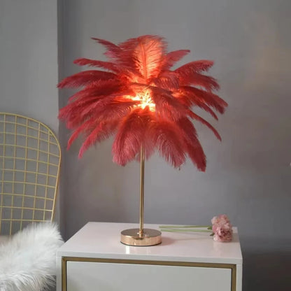 lampe de table design plumes d`autruche couleur rose